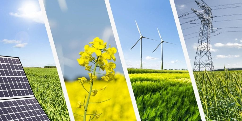 Fuentes de energía renovable: solar, biomasa, eólica y red eléctrica en campo verde